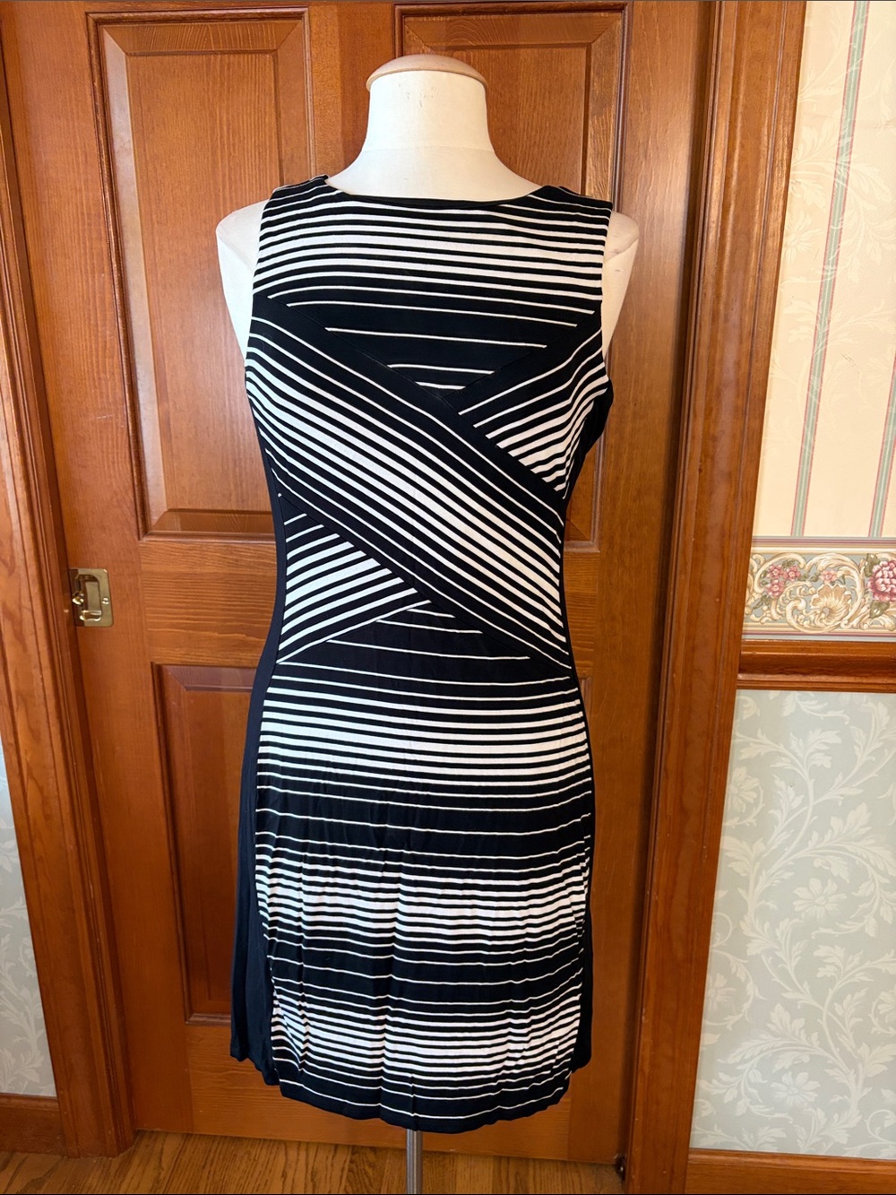 White House Black Market Black and White Striped Sleeveless Mini Dress.